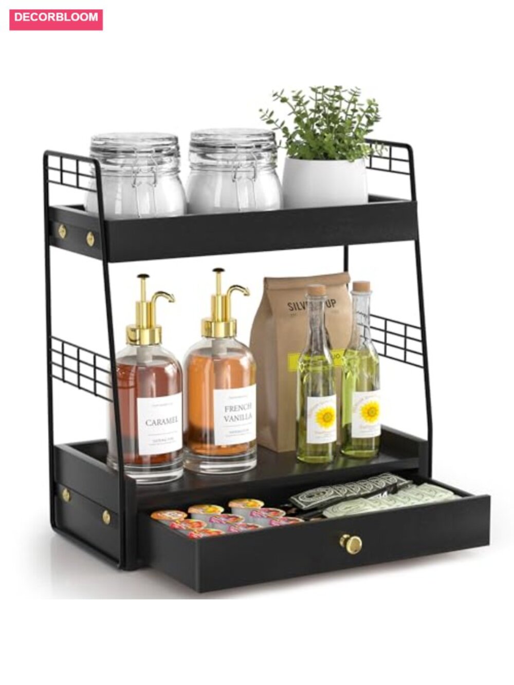 2-Tier Coffee Bar Station Organizer with Drawer Countertop Shelf